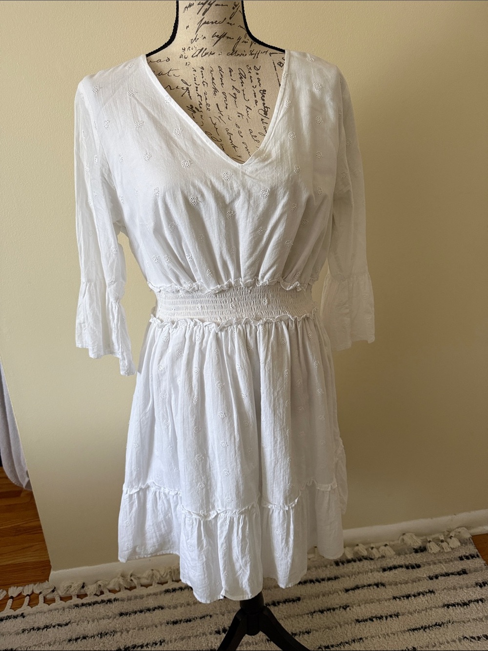 White V-Neck Smocked Waist Midi Dress - Lightweight Embroidered Design